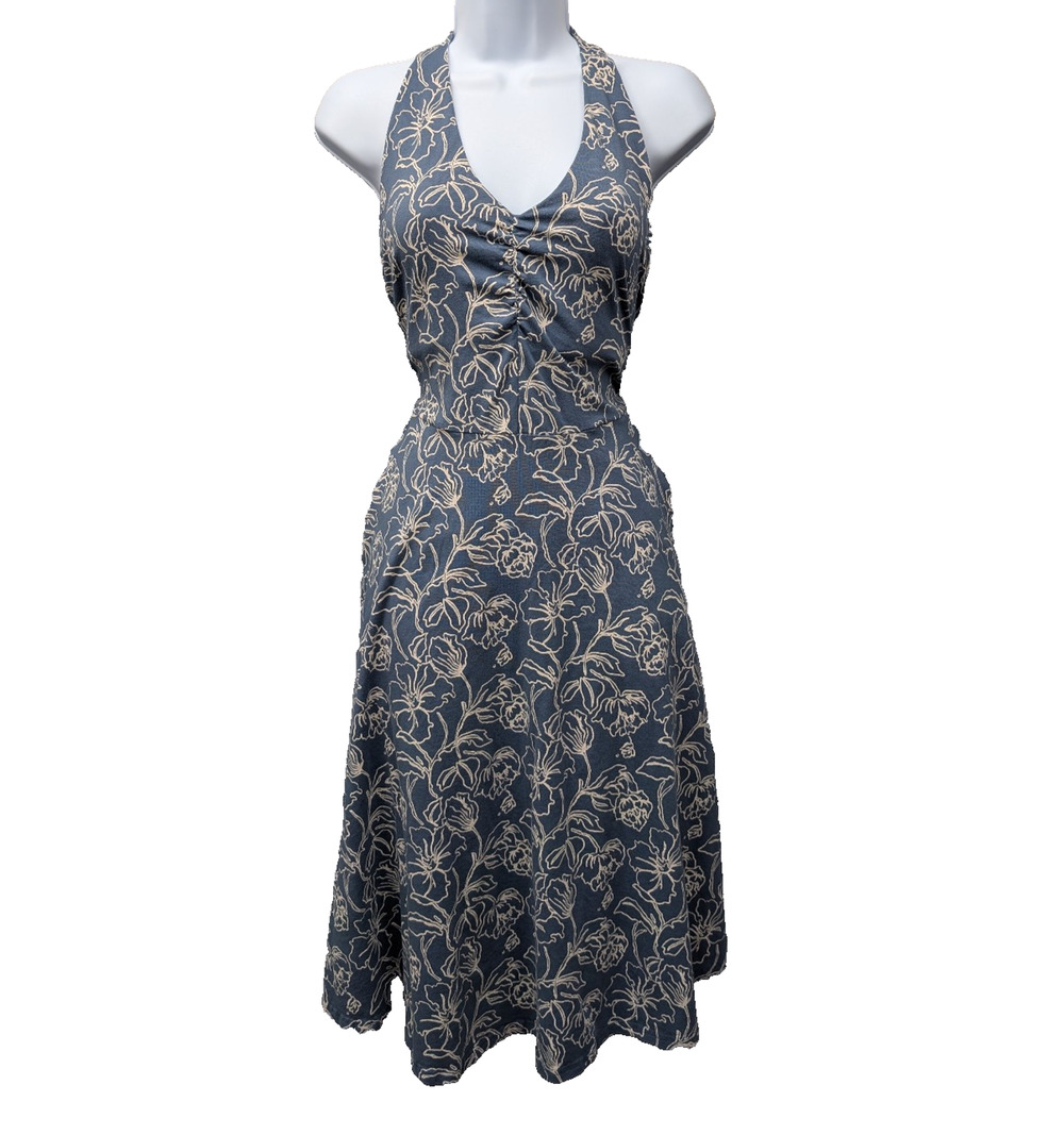 Pact Halter Dress Womens Medium Floral Blue Organic Cotton Midi Sustainable Bra